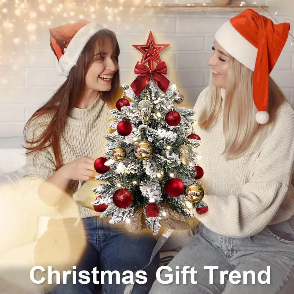 22in Tabletop Christmas Tree with Light Artificial Small Mini Red Christmas Decoration with Flocked Snow, Exquisite Decor & Xmas Ornaments for Table Top for Home & Office, Red Doba