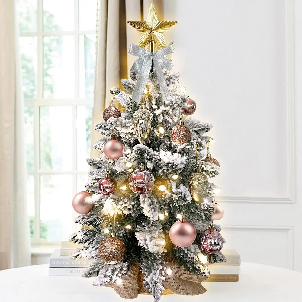 22in Tabletop Christmas Tree with Light Artificial Small Mini Red Christmas Decoration with Flocked Snow, Exquisite Decor & Xmas Ornaments for Table Top for Home & Office, Red Doba