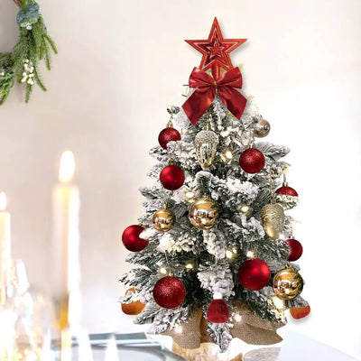 22in Tabletop Christmas Tree with Light Artificial Small Mini Red Christmas Decoration with Flocked Snow, Exquisite Decor & Xmas Ornaments for Table Top for Home & Office, Red Doba