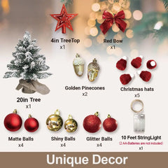 22in Tabletop Christmas Tree with Light Artificial Small Mini Red Christmas Decoration with Flocked Snow, Exquisite Decor & Xmas Ornaments for Table Top for Home & Office, Red Doba