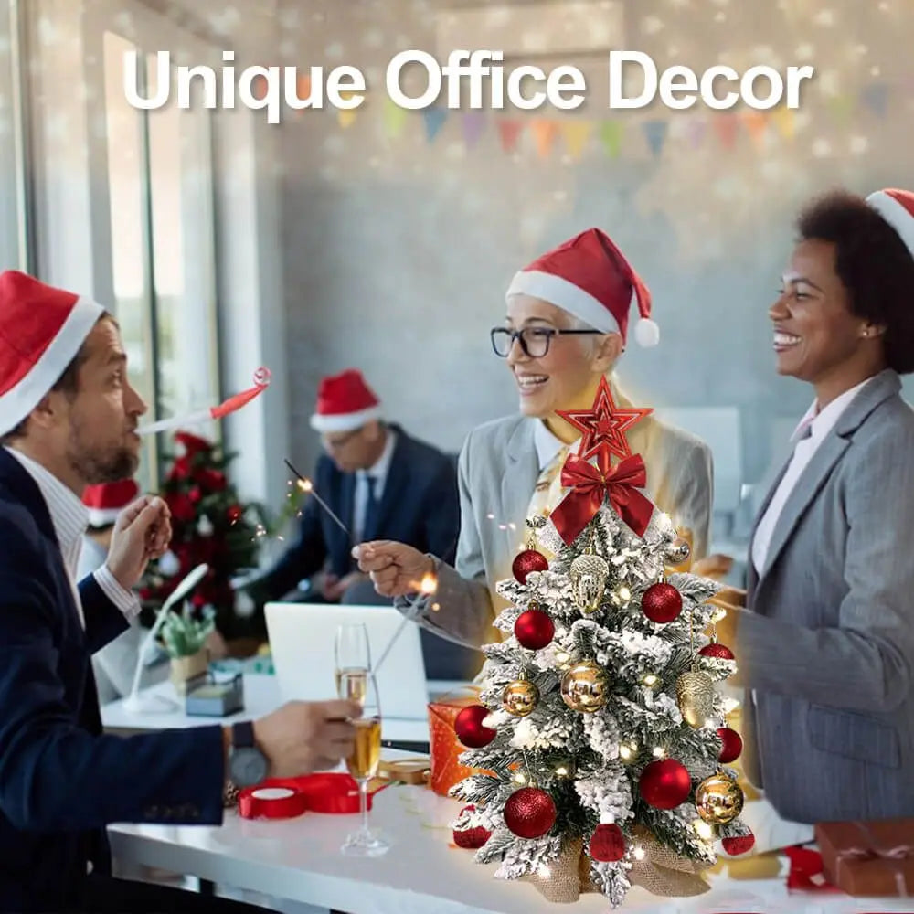 22in Tabletop Christmas Tree with Light Artificial Small Mini Red Christmas Decoration with Flocked Snow, Exquisite Decor & Xmas Ornaments for Table Top for Home & Office, Red Doba
