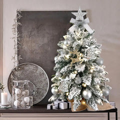 22in Tabletop Christmas Tree with Light Artificial Small Mini Red Christmas Decoration with Flocked Snow, Exquisite Decor & Xmas Ornaments for Table Top for Home & Office, Red Doba