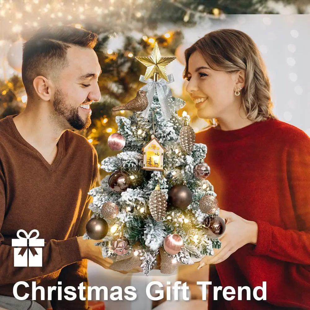 22in Tabletop Christmas Tree with Light Artificial Small Mini Red Christmas Decoration with Flocked Snow, Exquisite Decor & Xmas Ornaments for Table Top for Home & Office, Red Doba