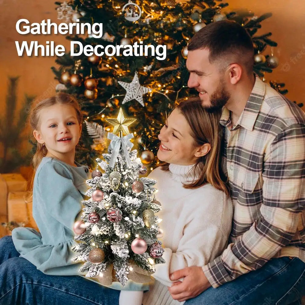 22in Tabletop Christmas Tree with Light Artificial Small Mini Red Christmas Decoration with Flocked Snow, Exquisite Decor & Xmas Ornaments for Table Top for Home & Office, Red Doba