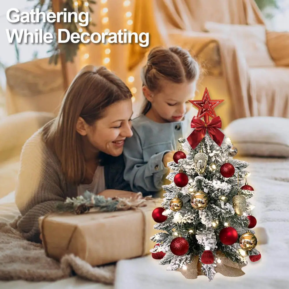 22in Tabletop Christmas Tree with Light Artificial Small Mini Red Christmas Decoration with Flocked Snow, Exquisite Decor & Xmas Ornaments for Table Top for Home & Office, Red Doba