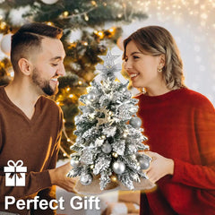 22in Tabletop Christmas Tree with Light Artificial Small Mini Red Christmas Decoration with Flocked Snow, Exquisite Decor & Xmas Ornaments for Table Top for Home & Office, Red Doba