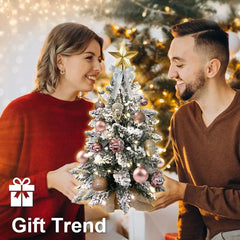 22in Tabletop Christmas Tree with Light Artificial Small Mini Red Christmas Decoration with Flocked Snow, Exquisite Decor & Xmas Ornaments for Table Top for Home & Office, Red Doba