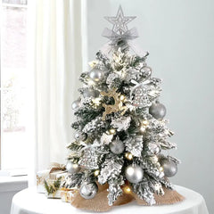22in Tabletop Christmas Tree with Light Artificial Small Mini Red Christmas Decoration with Flocked Snow, Exquisite Decor & Xmas Ornaments for Table Top for Home & Office, Red Doba