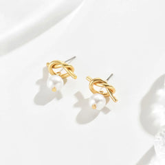 Elegant Gold Knot Pearl Drop Earrings – Classic and  Comfortable Studs for a Sophisticated Look Doba