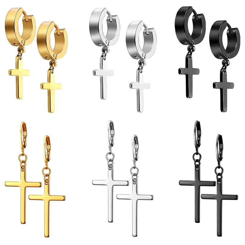 JELIEE 6 Pairs Cross Earrings Crucifix Drop Earrings Jewelry Dangle Hinged Earrings Stainless Steel Cross Hoop Earrings Stud Earrings Black Silver Gold Earrings for Men and Women Buyers Bargain Club