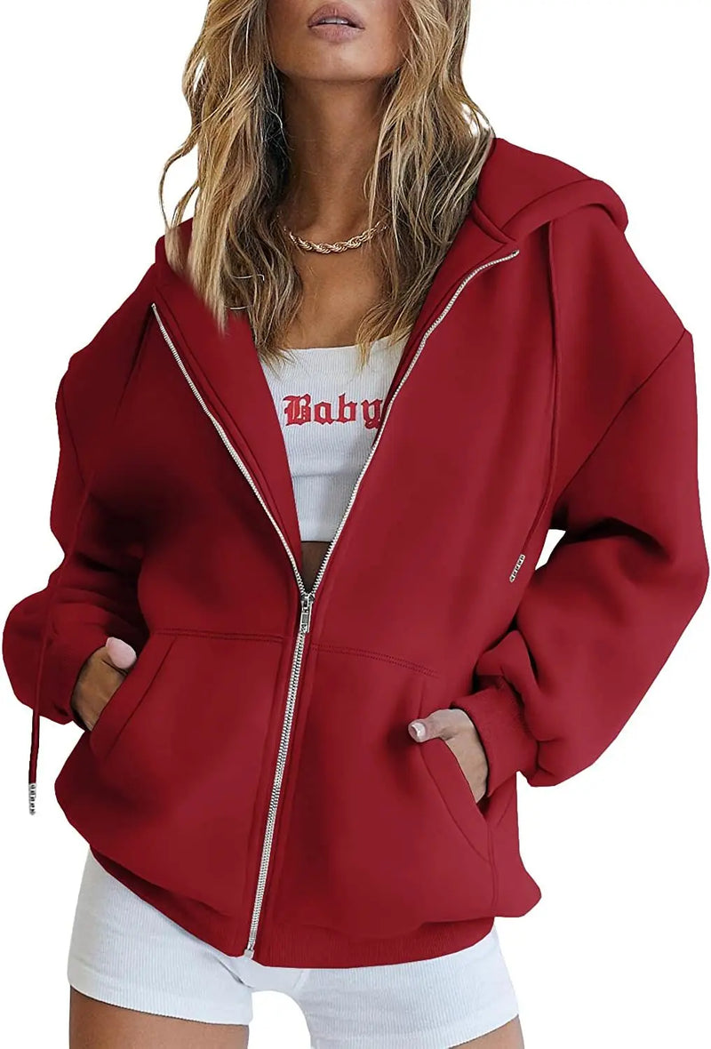 Women's Cute Hoodies Teen Girl Fall Jacket Oversized Sweatshirts Casual Drawstring Clothes Zip Up Y2K Hoodie with Pocket Doba