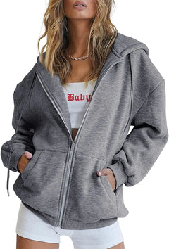 Women's Cute Hoodies Teen Girl Fall Jacket Oversized Sweatshirts Casual Drawstring Clothes Zip Up Y2K Hoodie with Pocket Doba