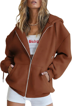 Women's Cute Hoodies Teen Girl Fall Jacket Oversized Sweatshirts Casual Drawstring Clothes Zip Up Y2K Hoodie with Pocket Doba